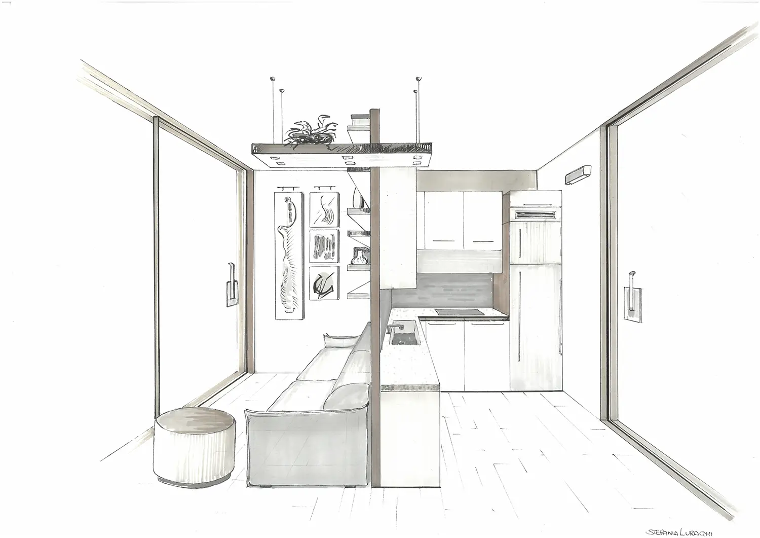 Black-and-white sketch of a kitchenette and adjacent hallway. Renovation project by studio Elles Interior Design.