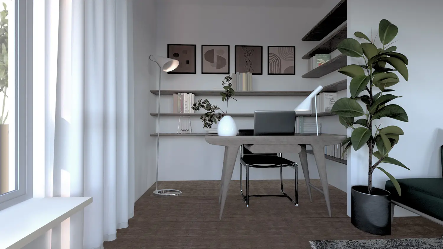 Photo-realistic of a desk area designed by Elles Interior Design during a turnkey renovation.