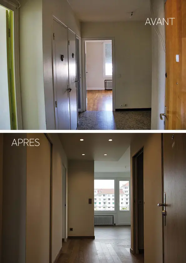 Before and after photo of the hallway with false ceiling and the new opening to the living room; renovation project by studio Elles Interior Design