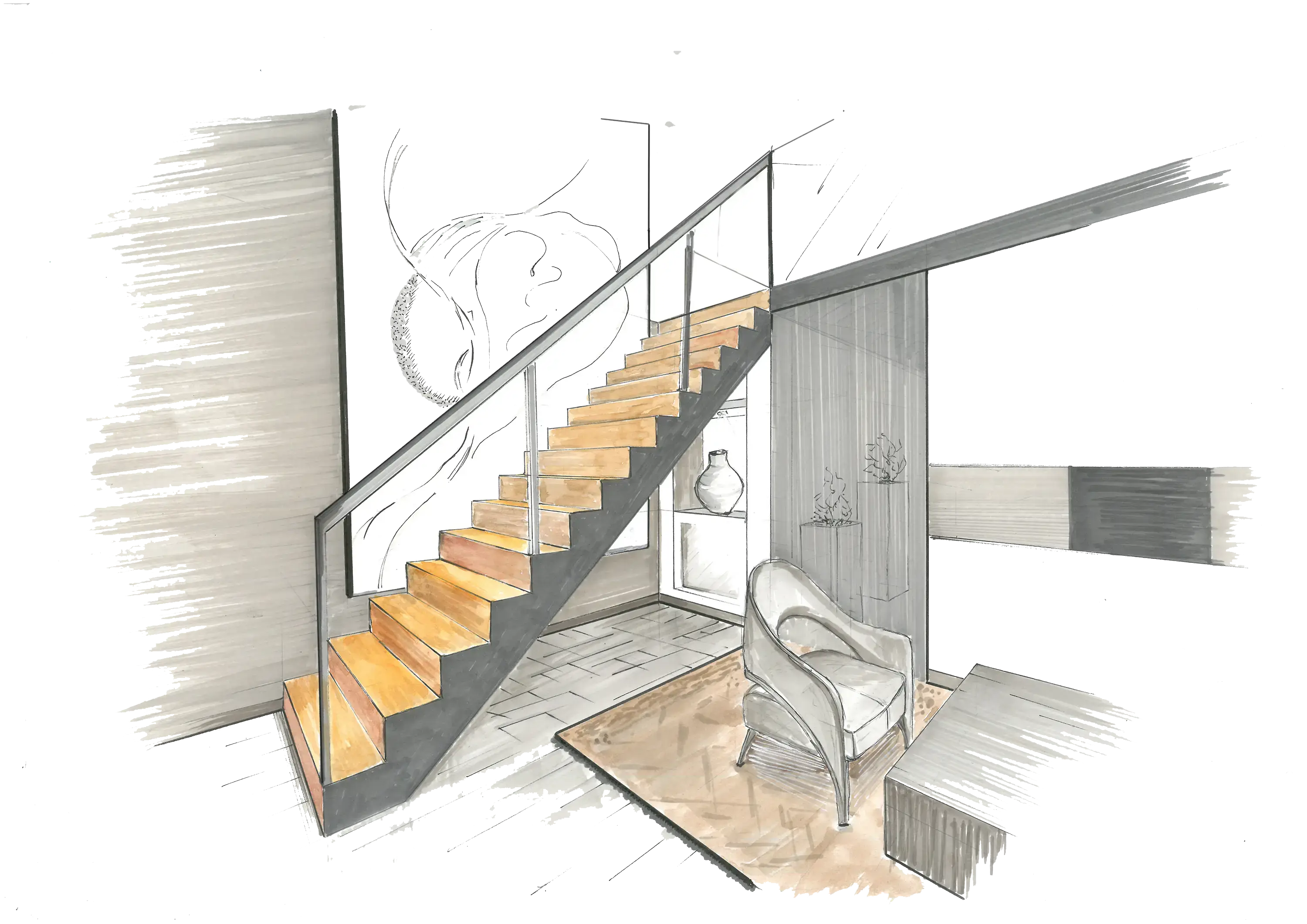 Sketch of a living room and view of a staircase. Interior design project by Elles Interior Design.
