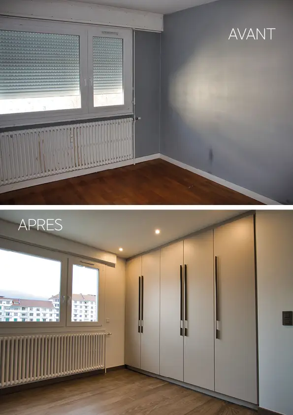 Before and after photo of the bedroom with the wardrobe; renovation project by Elles Interior Design.