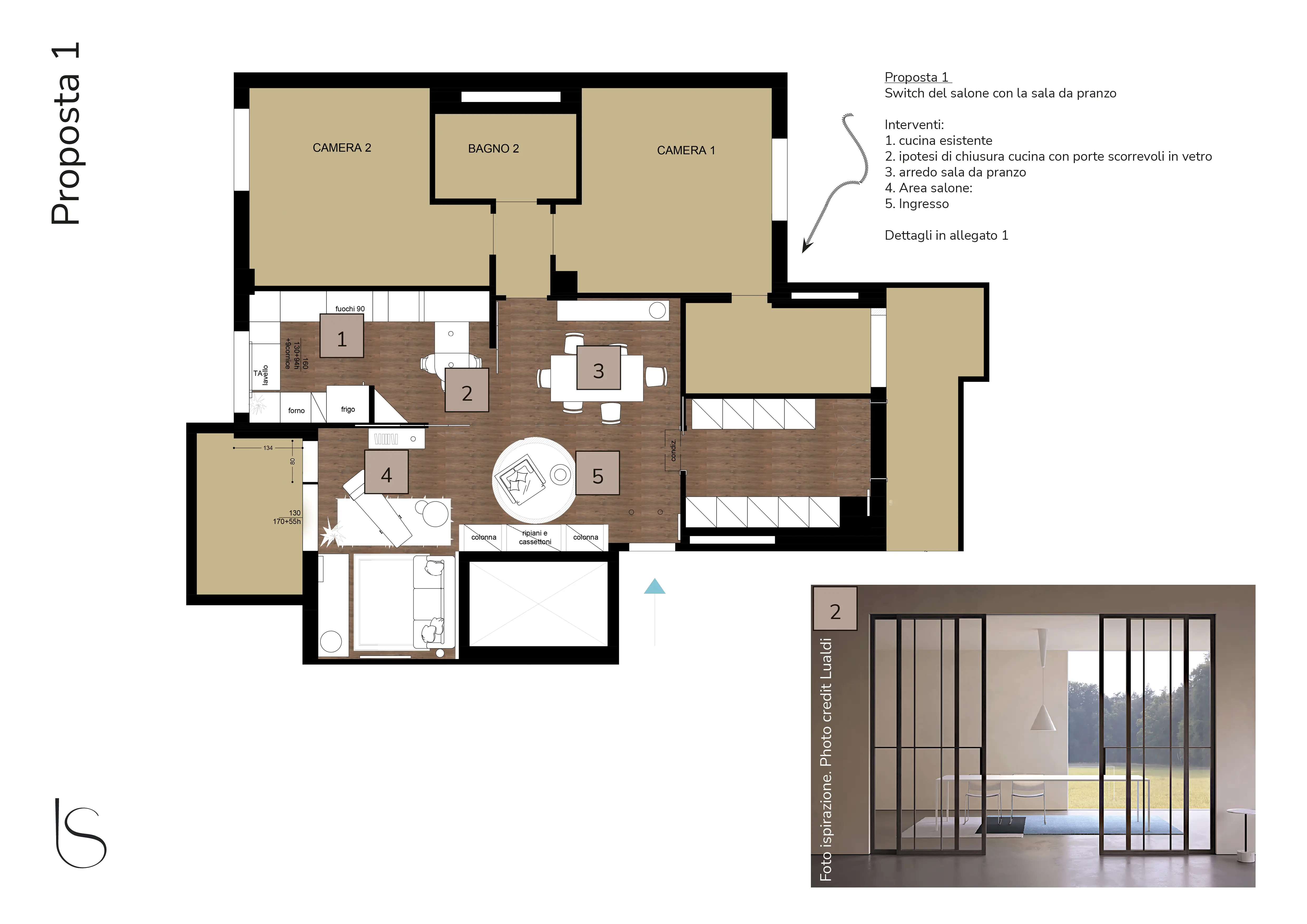 Floor plan redistribution of spaces proposal 1, by Elles Interior Design studio, which led the interior design consultancy for a flat under renovation.