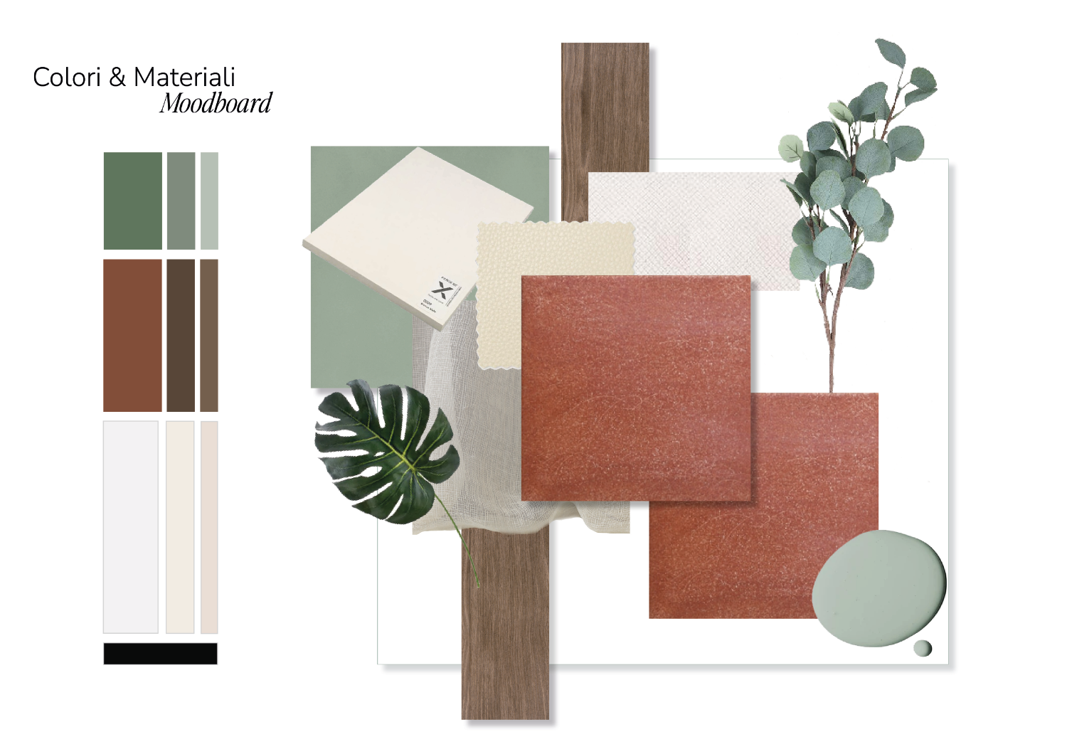 Material and colour chart for the renovation service of a small villa in Legnano, by the studio Elles Interior Design.