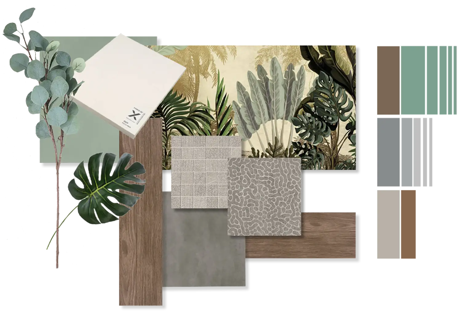 Juxtaposing colors and materials in a moodboard designed by Elles Interior Design studio, leading a renovation project.