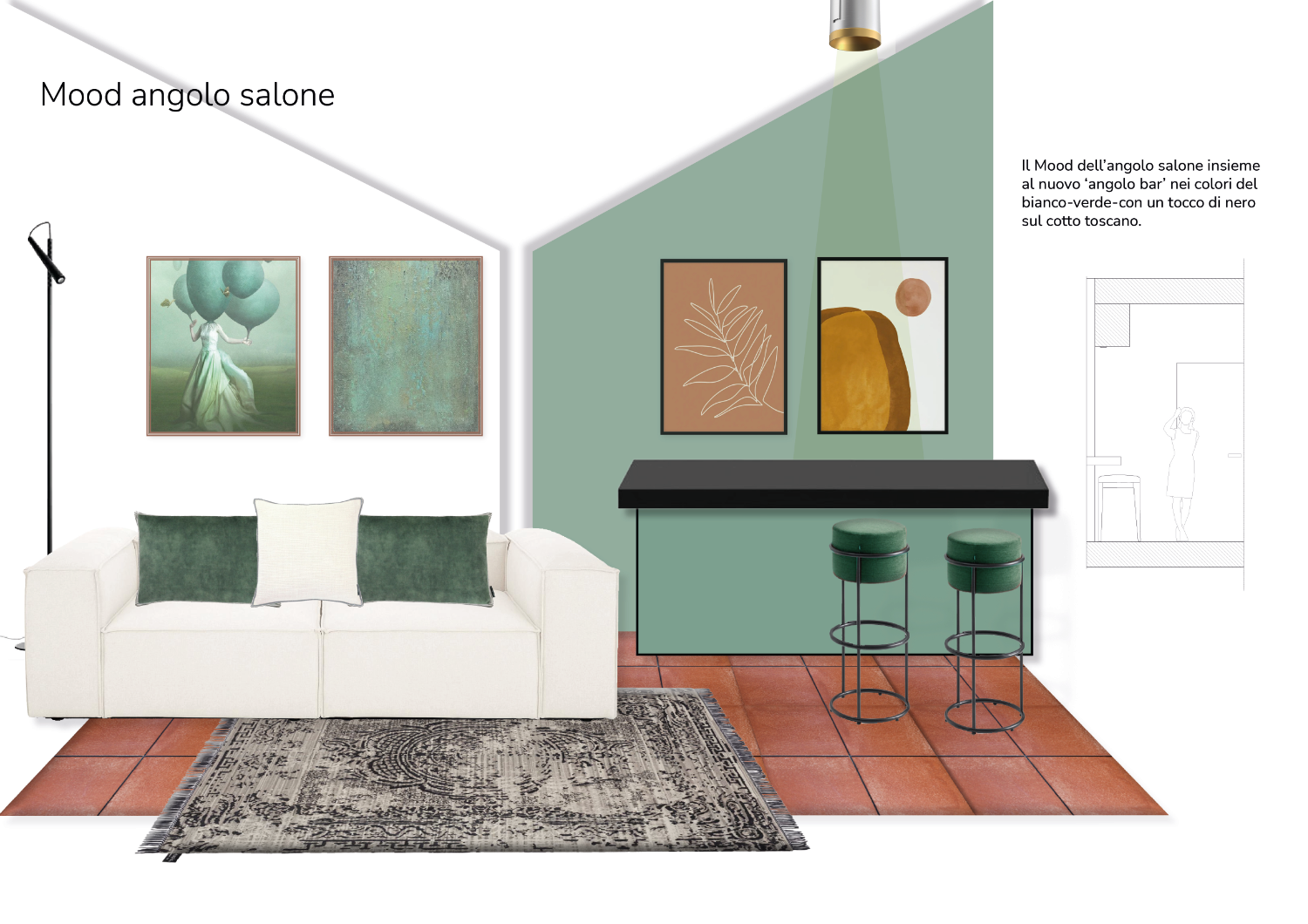 Visualisation of the atmosphere of the colours, materials and furniture by Elles Interior Design.