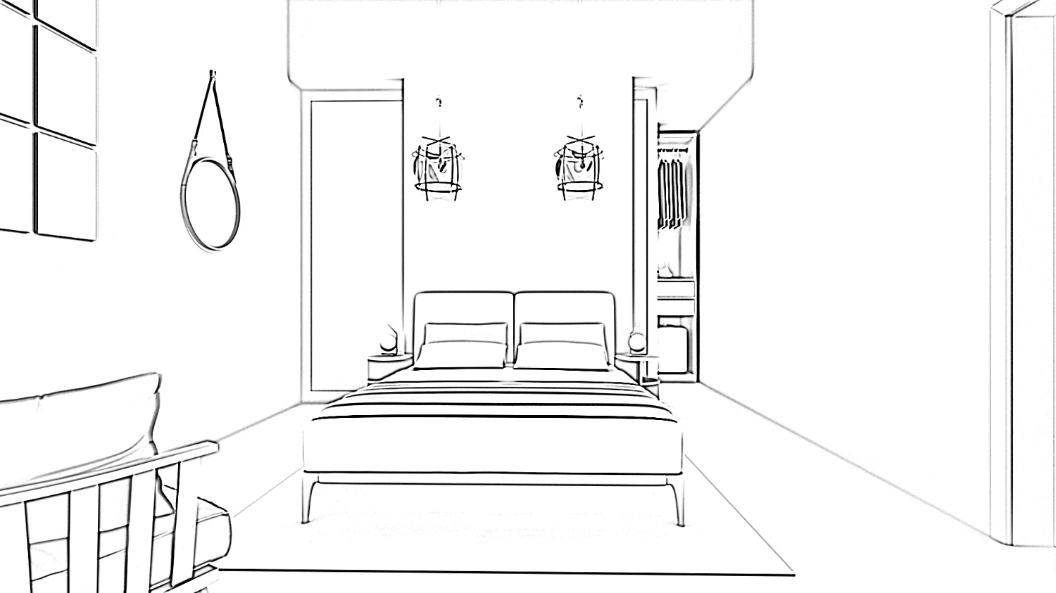 Sketch of a walk-in wardrobe for a bedroom, front view