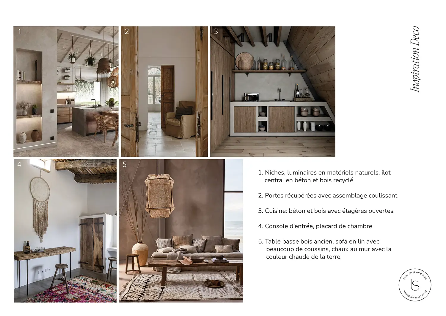 Moodboard to inspire the interiors of the renovation consultancy Cascina in Auvergne, by Elles Interior Design.