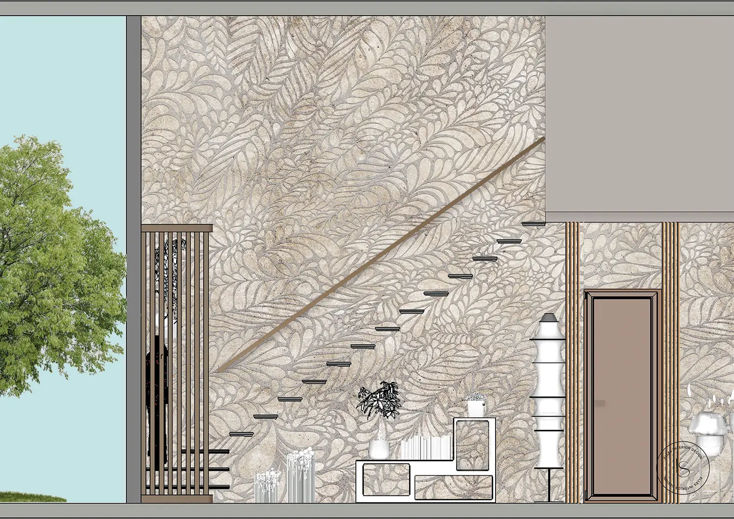 Visualisation of the staircase wall lined with warm coloured wallpaper; project carried out by the studio Elles Interior Design.