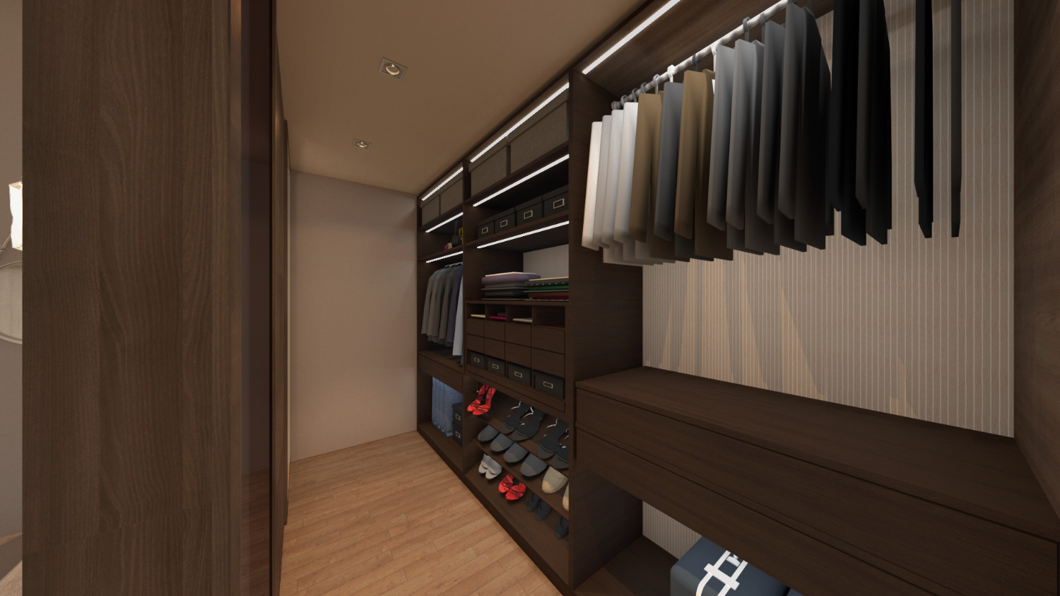 Photorealistic rendering of a walk-in wardrobe interior designed by Elles Interior Design