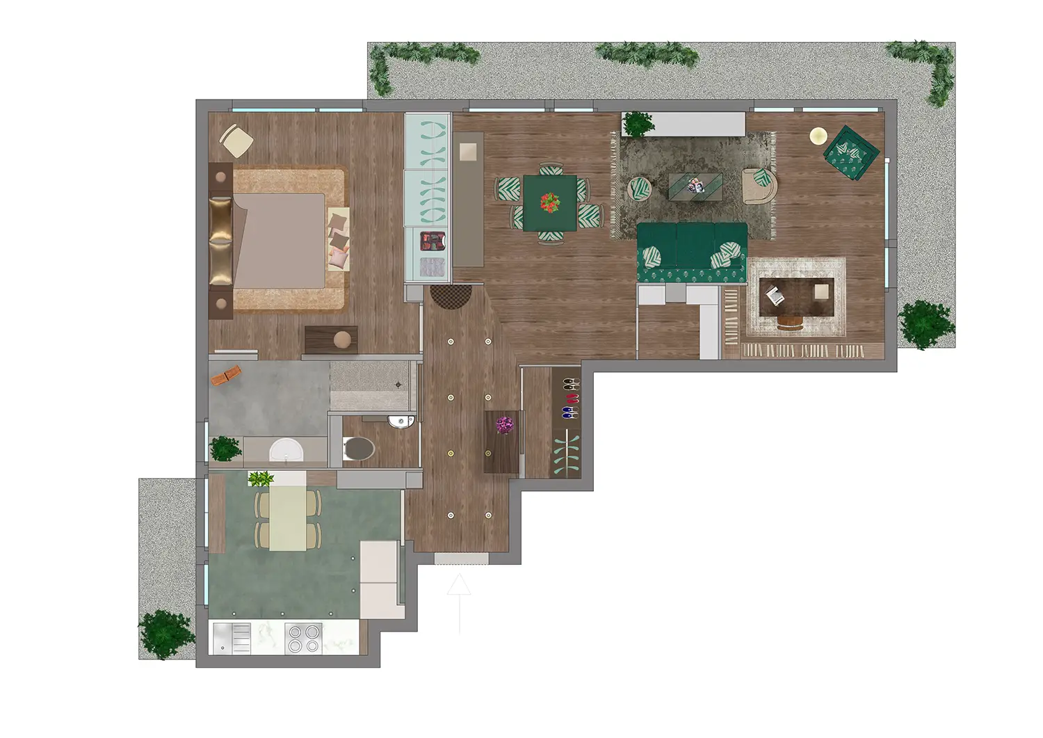 2D top view of a renovation project curated by studio Elles Interior Design. The floor plan is colored to give both an idea of the distribution of space and color choices.