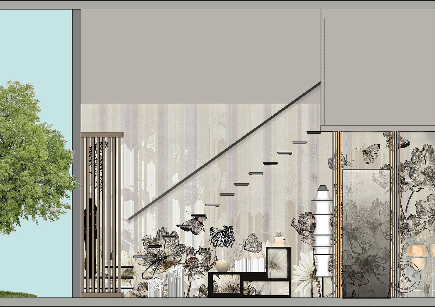 Visualisation of the staircase wall covered with floral wallpaper in warm and vivid tones; project carried out by the studio Elles Interior Design.