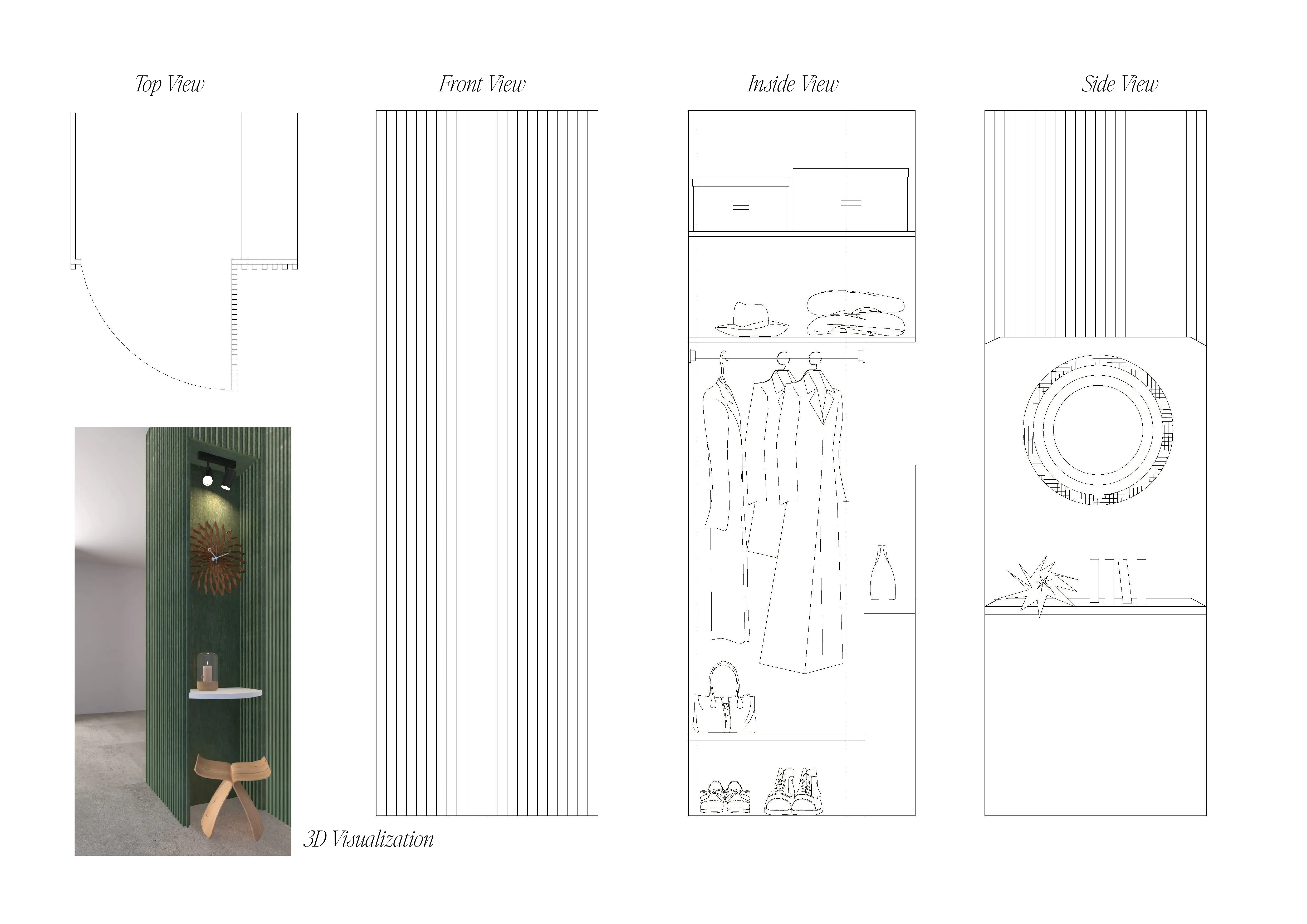 A wardrobe, set in the wall next to the front door, to store coats and accessories; project studio Elles Interior Design.