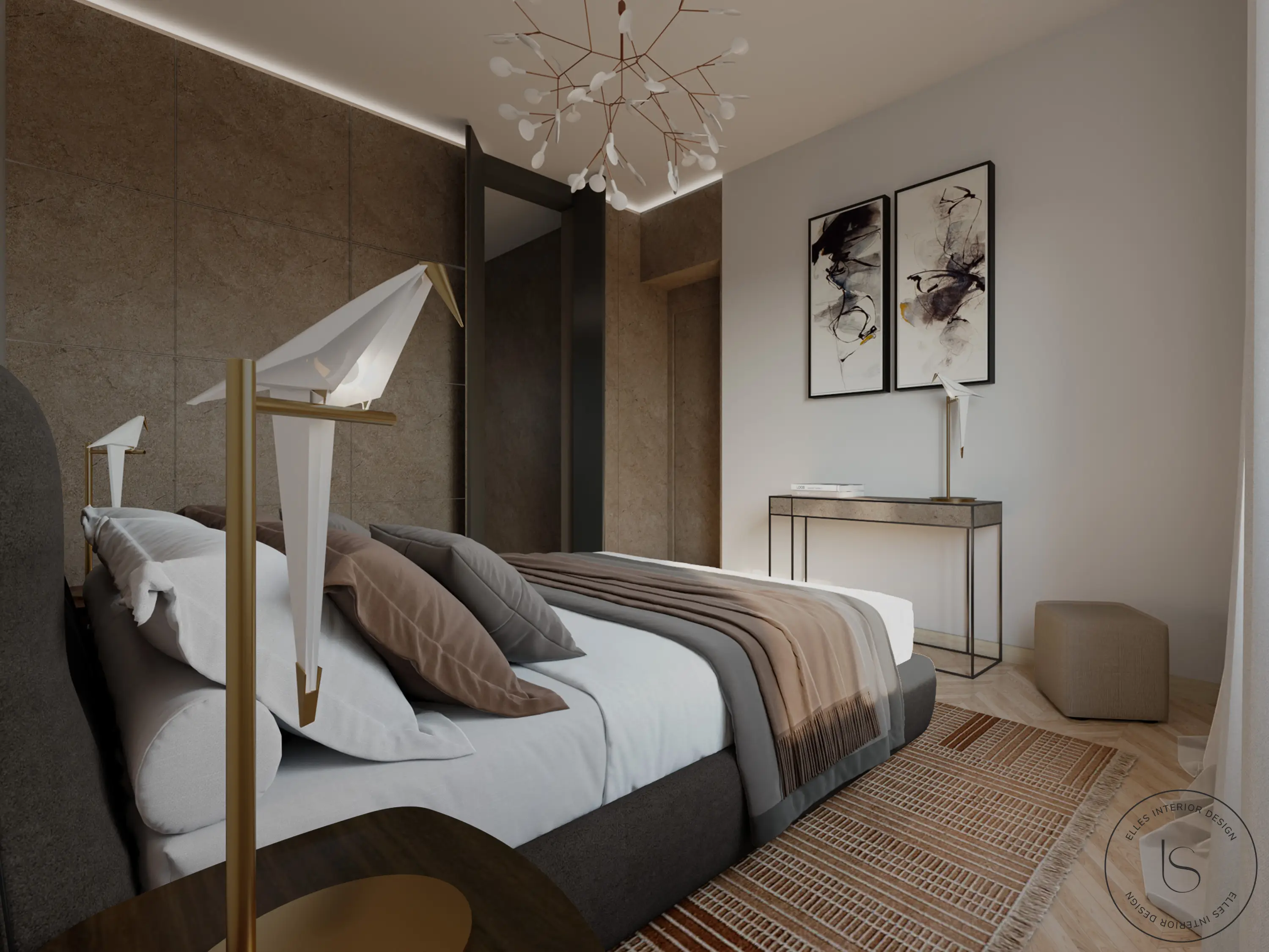 Photorealistic rendering of a bedroom with a wardrobe accessible through a door integrated in the wall panels. Project made by Elles Interior Design studio