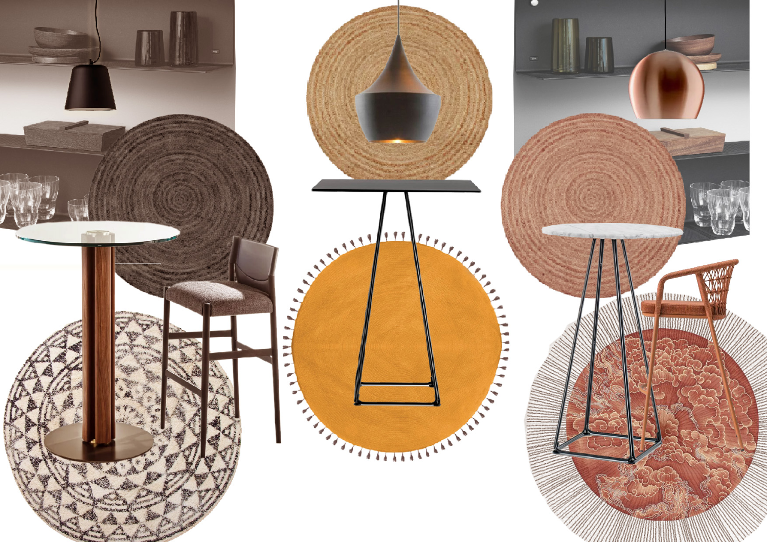 Sélection de meubles et de lampes suspendues pour un coin bistrot dans la cuisine, par Elles Interior Design.