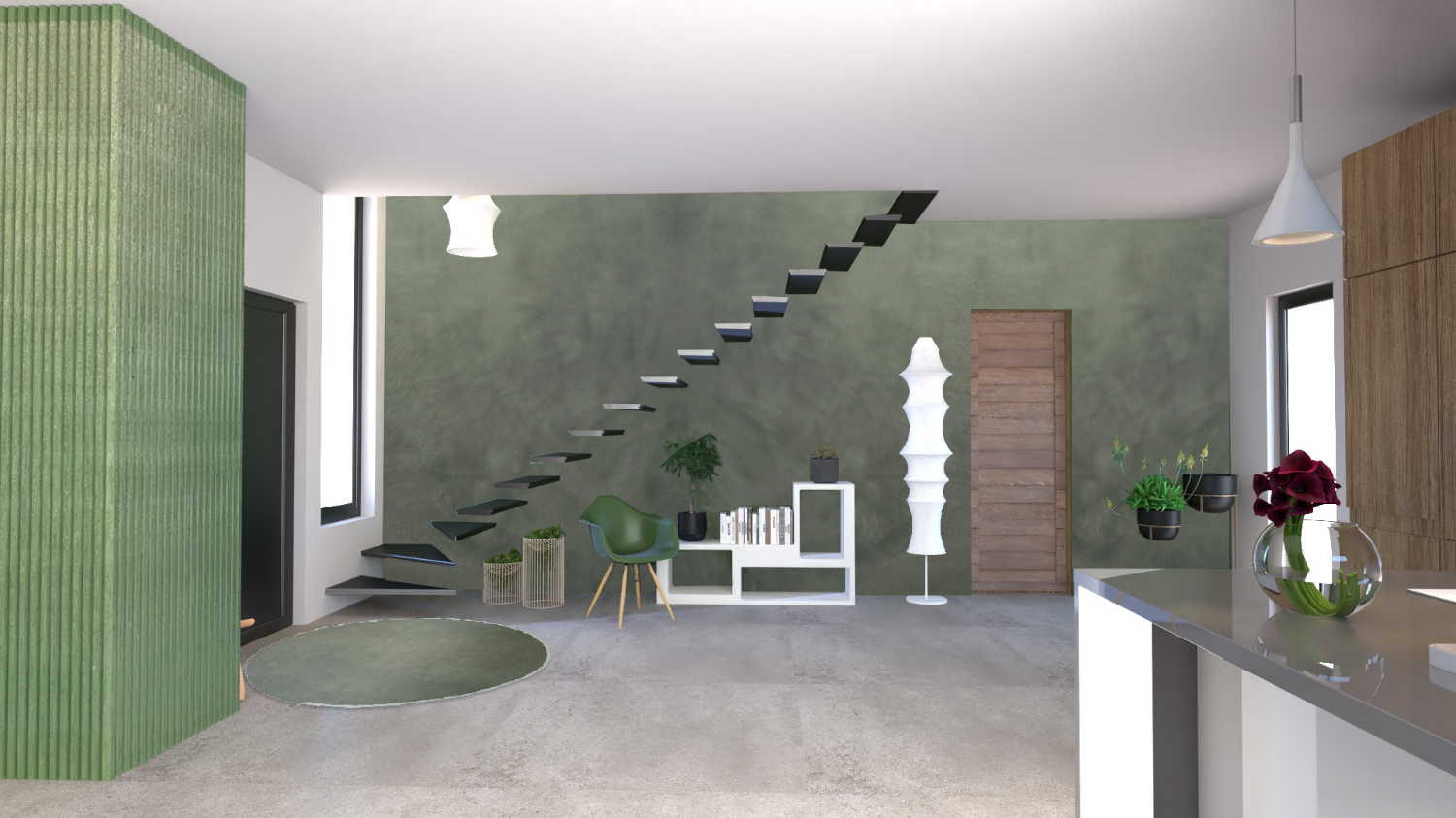 Vue photoréaliste de l'entrée et du mur d'escalier recouvert avec une finition Marmorino à la chaux ; projet réalisé par le studio Elles Interior Design.