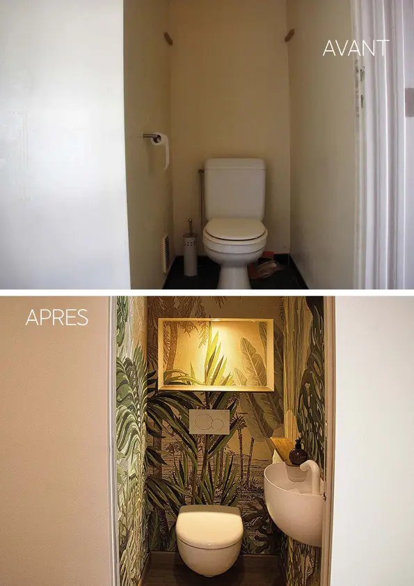 Photos avant-après des toilettes avec du papier peint d'ambiance tropicale ; projet de rénovation par le studio Elles Interior Design.