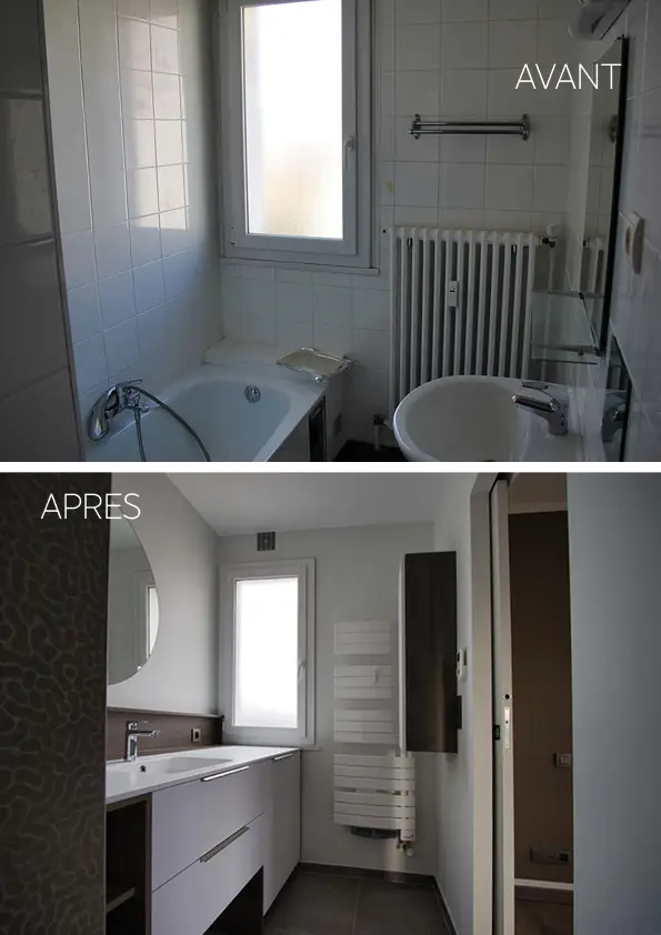Photo avant-après de la salle de bain communiquant avec une douce a la place de la benoir; projet de rénovation par Elles Interior Design studio.