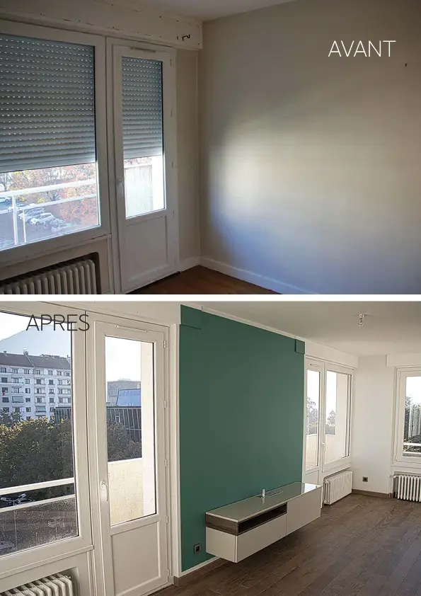 Photo avant-après du salon communiquant avec mur peint en couleur vert; projet de rénovation par Elles Interior Design studio.