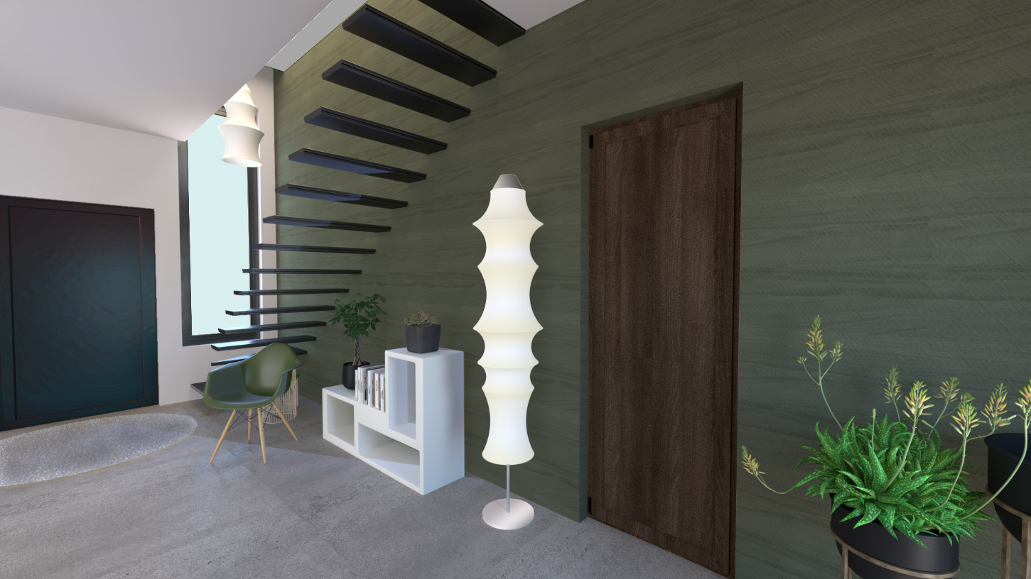 Rendu photoréaliste du revêtement en bois du mur de l'escalier ; projet réalisé par le studio Elles Interior Design.