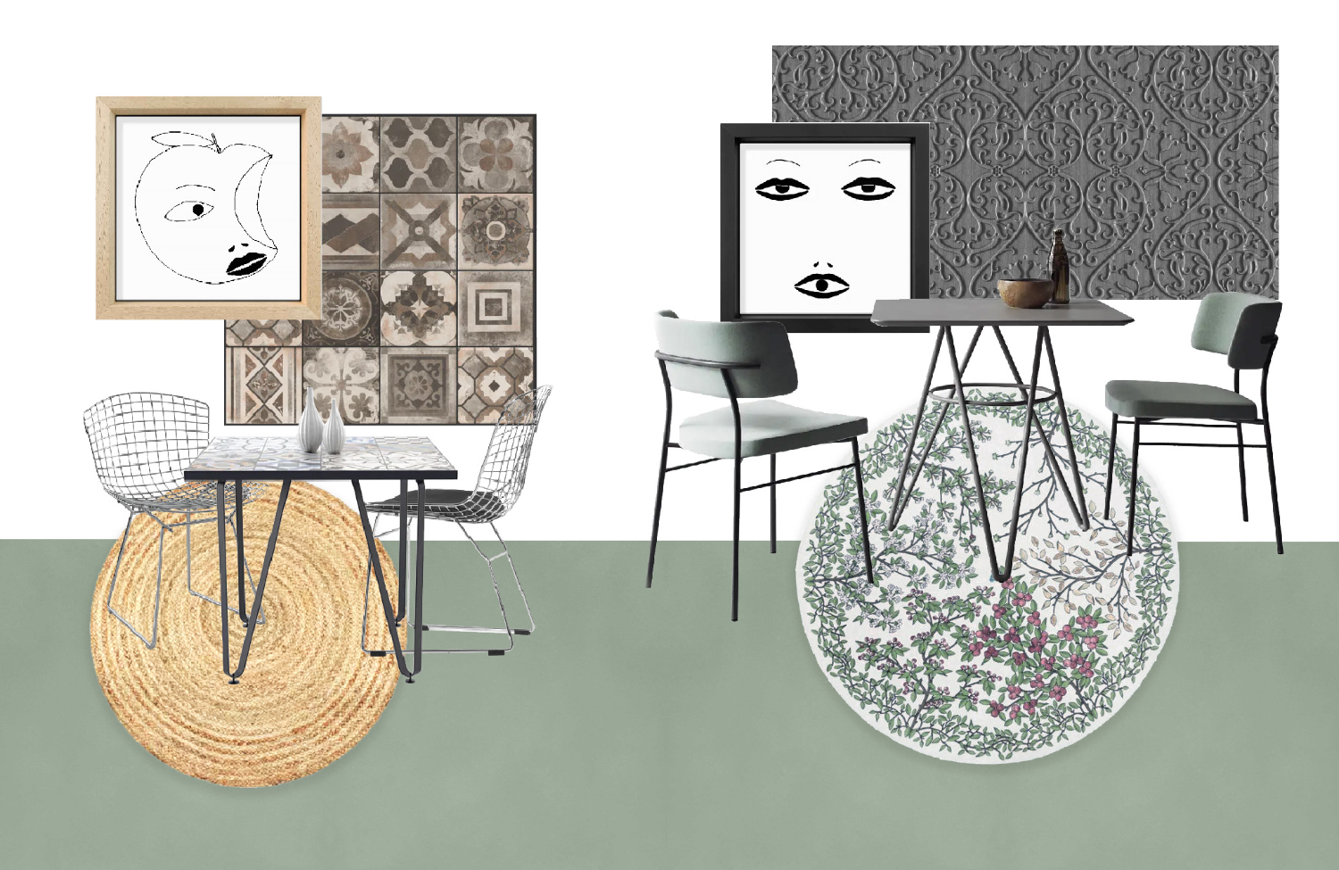 Composition de couleurs, textures, revêtements muraux et meubles pour créer un coin bistrot dans la cuisine, par Elles Interior Design.