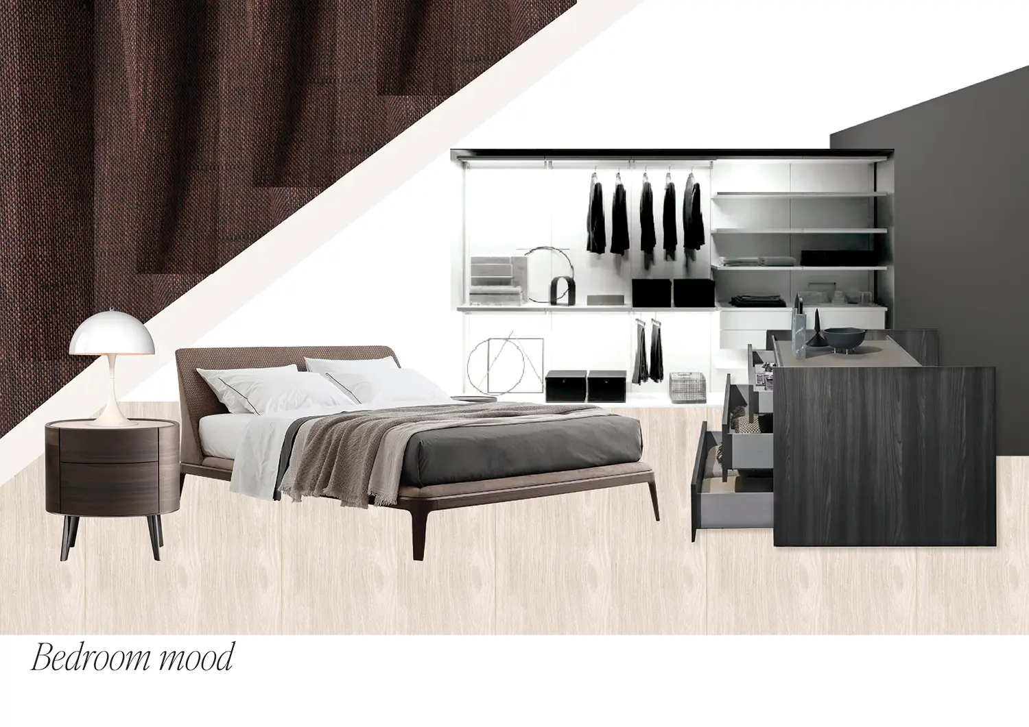 Moodboard d'inspiration pour le choix des meubles et des matériaux pour le projet de rénovation de la chambre à coucher et du dressing.