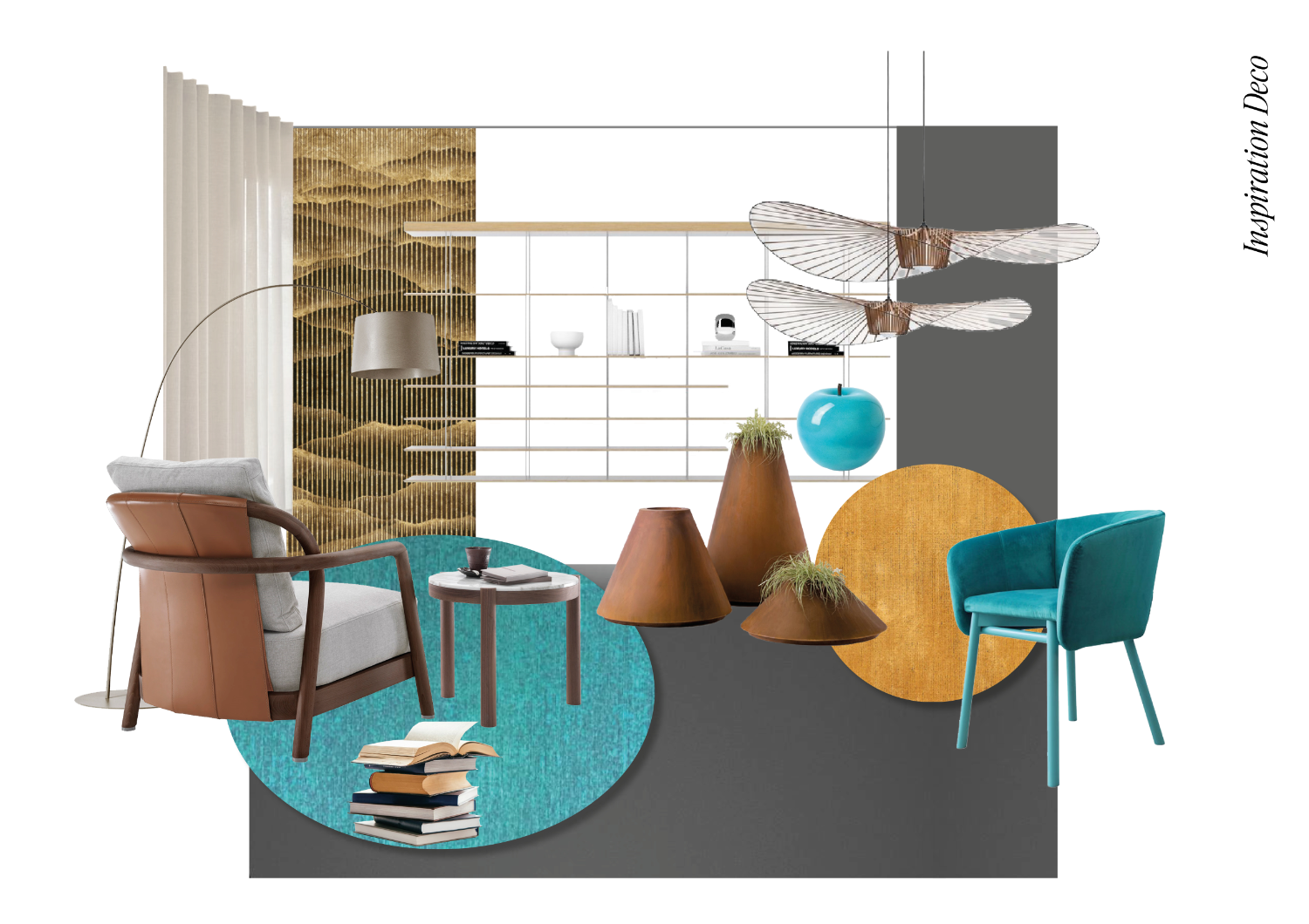 Sélection de meubles, luminaires et accessoires suggérés lors d'un conseil en décoration d'intérieur par le studio Elles Interior Design.