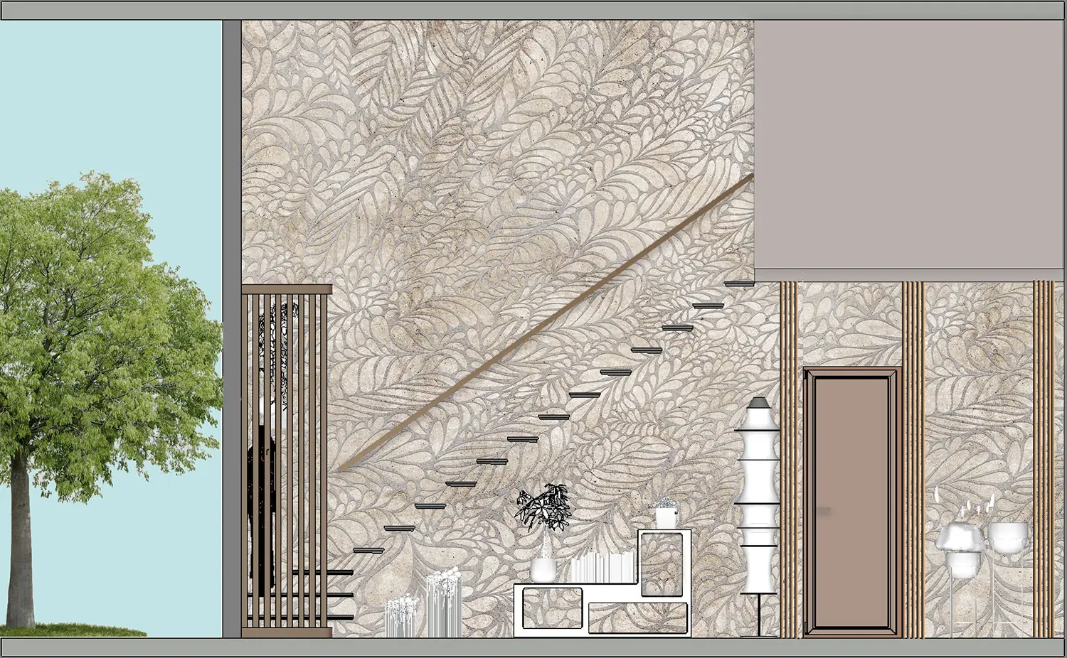 Vue frontale en 2D d'un hall d'entrée avec un mur tapissé.