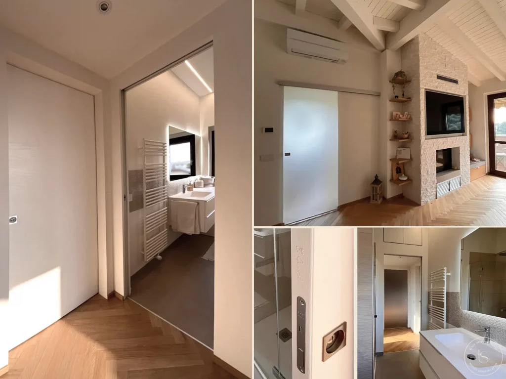 Portes coulissantes installées en verre et en stratifié blanc. Projet réalisé par le cabinet Elles Interior Design.