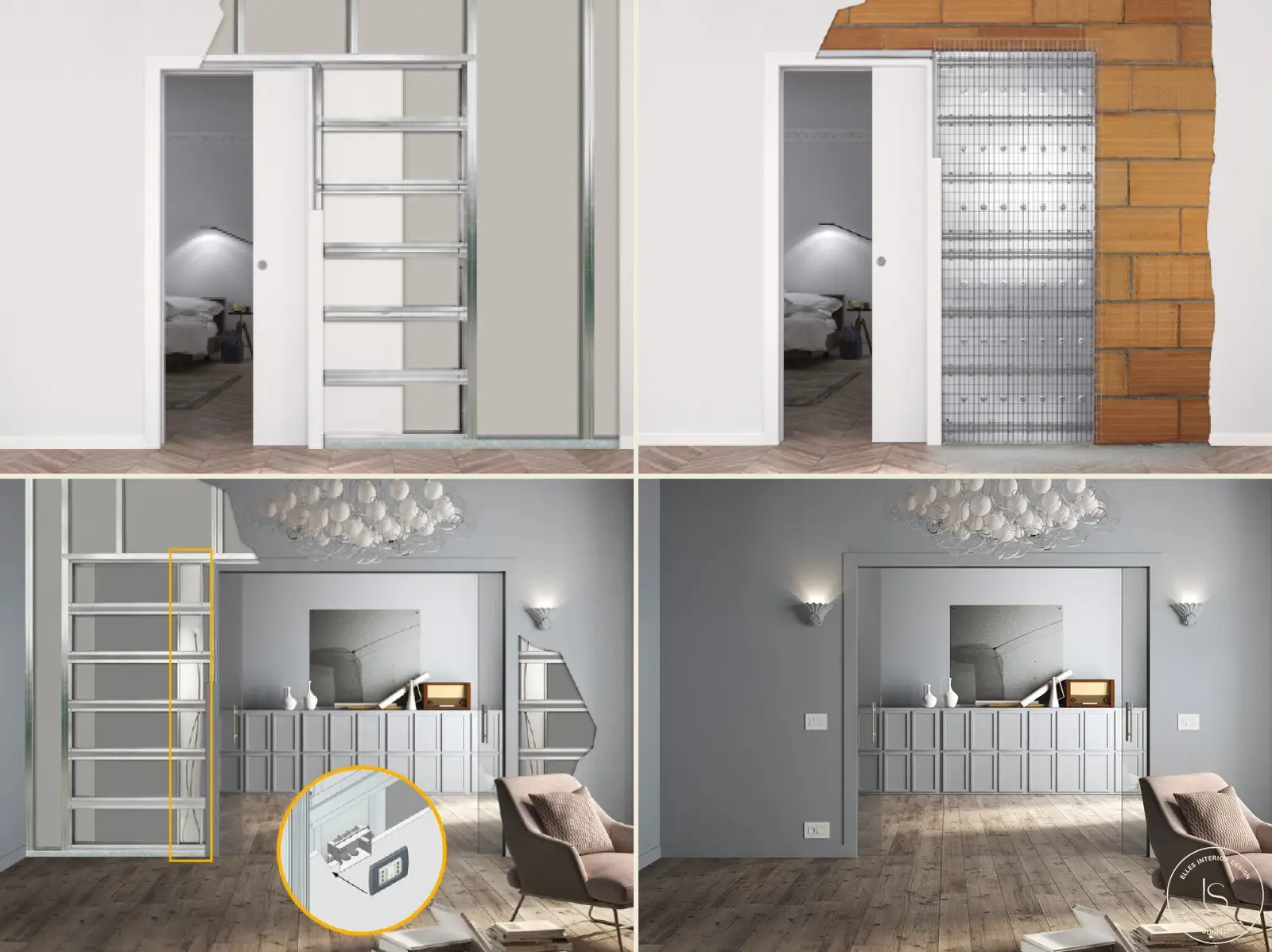 Portes coulissantes escamotables intégrées dans le mur avec cadre encastré, disparaissant complètement lorsqu'elles sont ouvertes pour un design minimaliste et moderne.