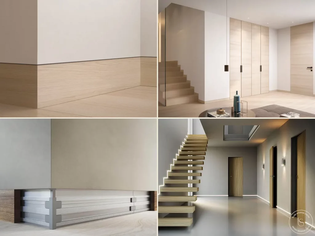 Porte moderne assortie à des plinthes affleurantes ou des socles ras du mur qui se fondent avec la paroi sans saillies pour une esthétique épurée et raffinée.