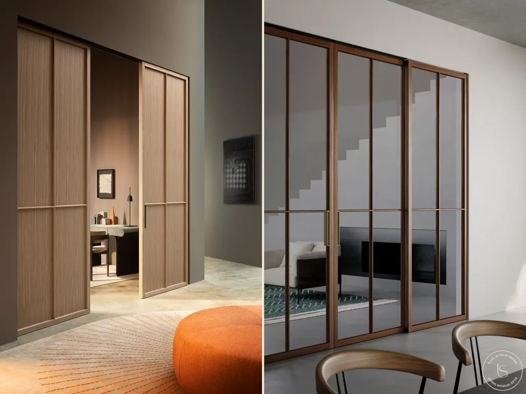 Porte moderne en bois avec inserts en verre, matériau chaud et naturel associé à la légèreté et à la luminosité du verre.