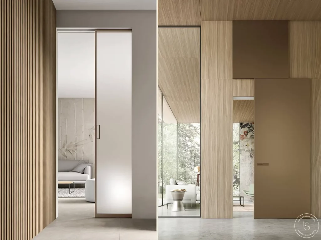 Portes coulissantes apparentes en applique, glissant devant le mur ou sur une autre porte, avec rails visibles couverts par une corniche ou encastrés dans le plafond.