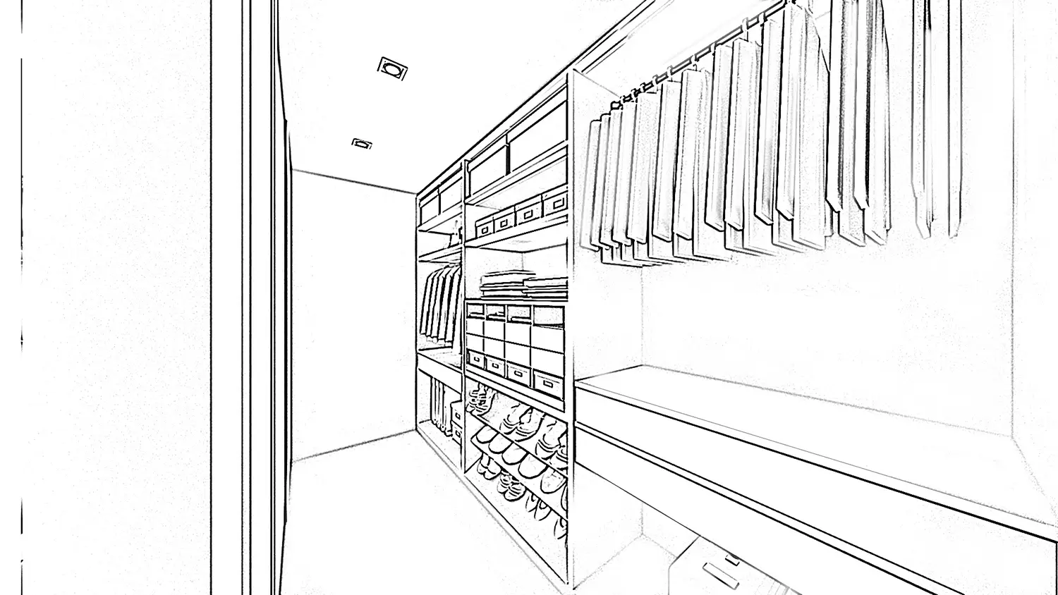 Schizzo in bianco e nero di una cabina armadio progettata dallo studio Elles Interior Design.