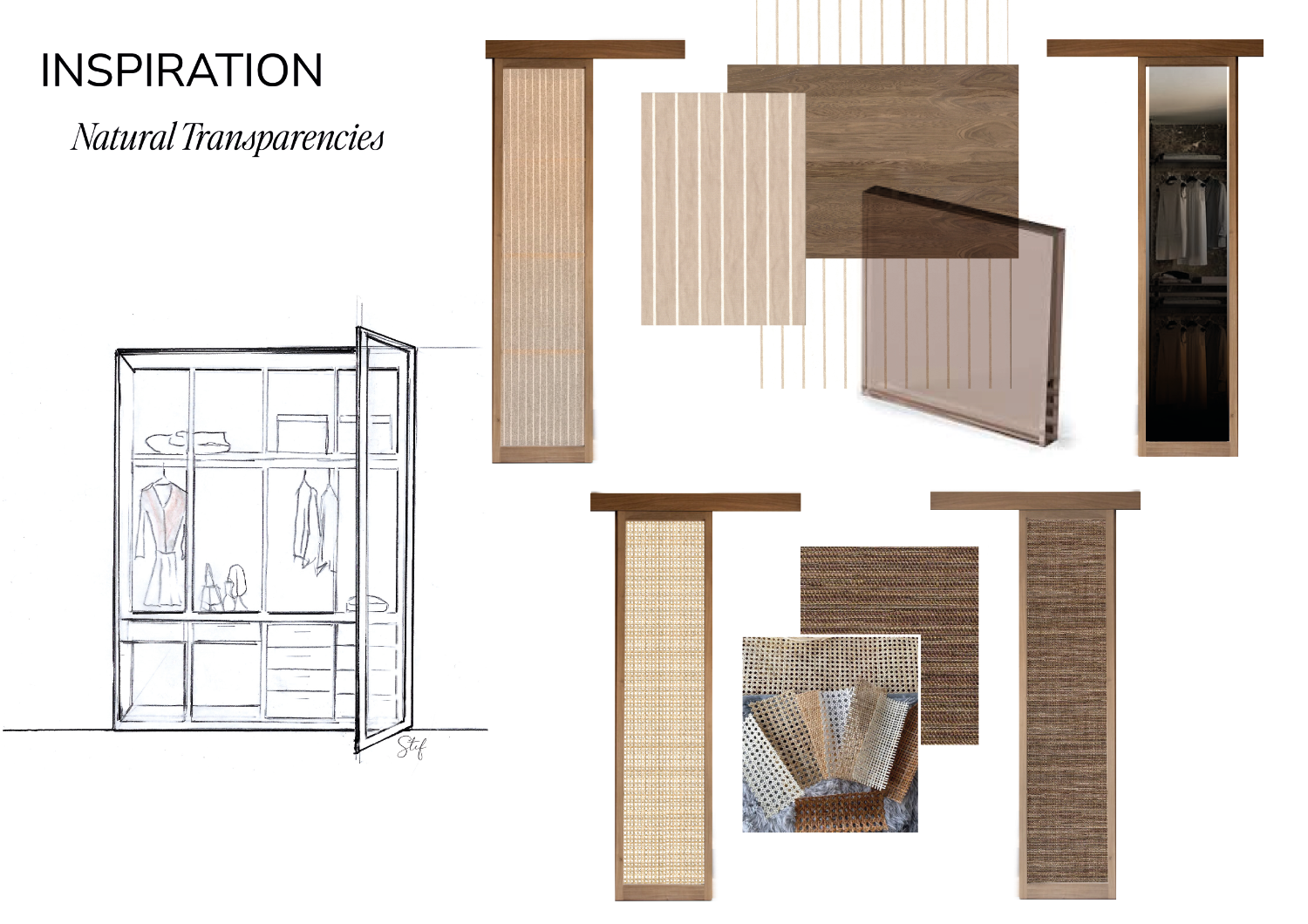 Moodboard d’ispirazione per la scelta di tessuti, materiali e texture con cui realizzare il progetto di una cabina armadio.