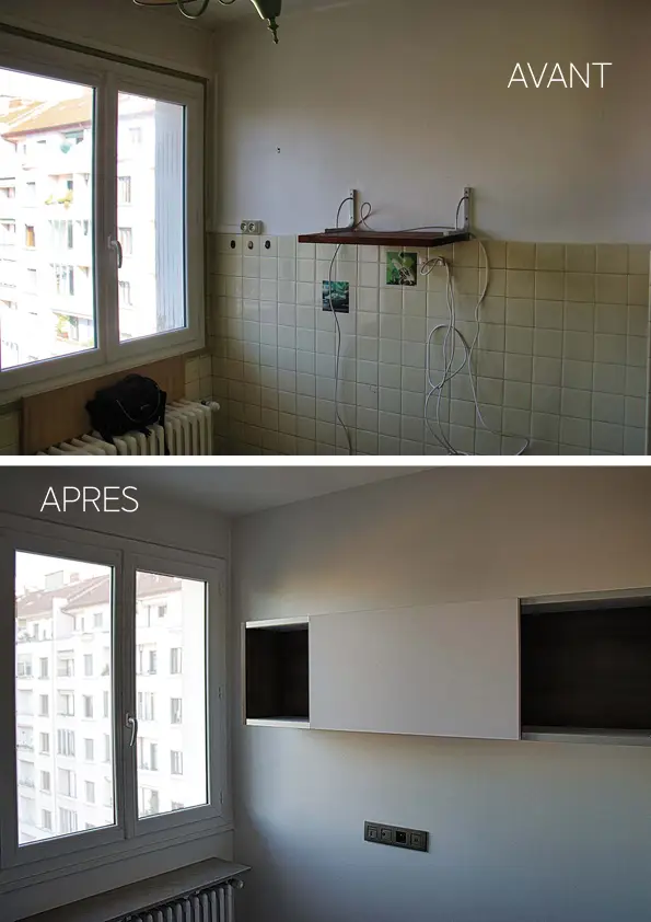 Foto prima e dopo cucina con muro dipinto di bianco e piccola dispensa a muro; progetto di ristrutturazione dello studio Elles Interior Design