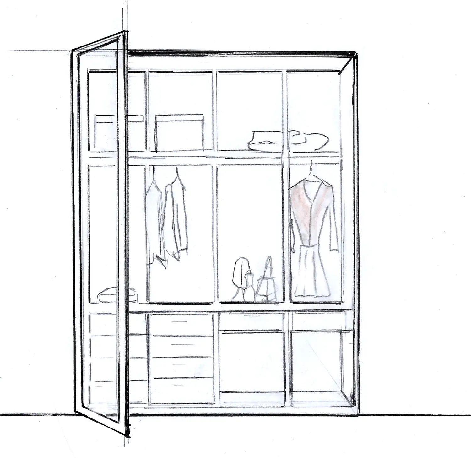 Schizzo in 2D di una cabina armadio progettata dall'interior designer Stefania Luraghi.