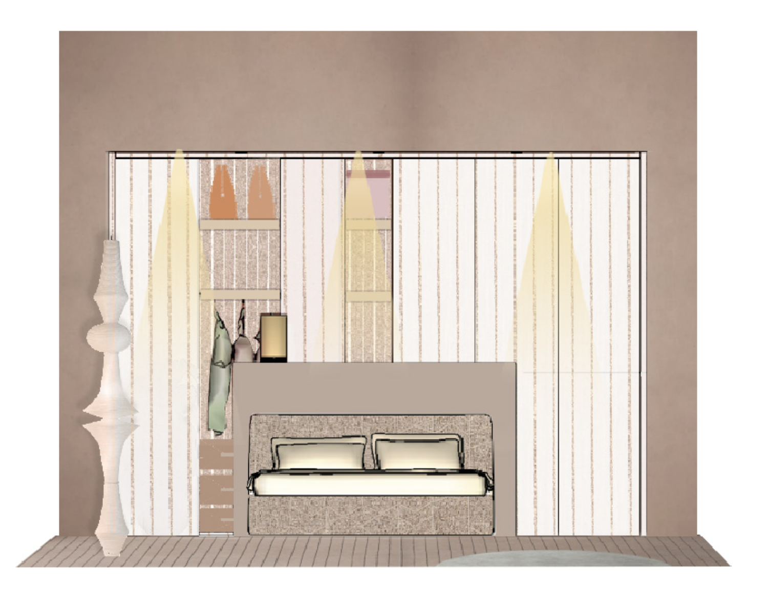 Vista di un progetto di cabina armadio per una camera da letto.