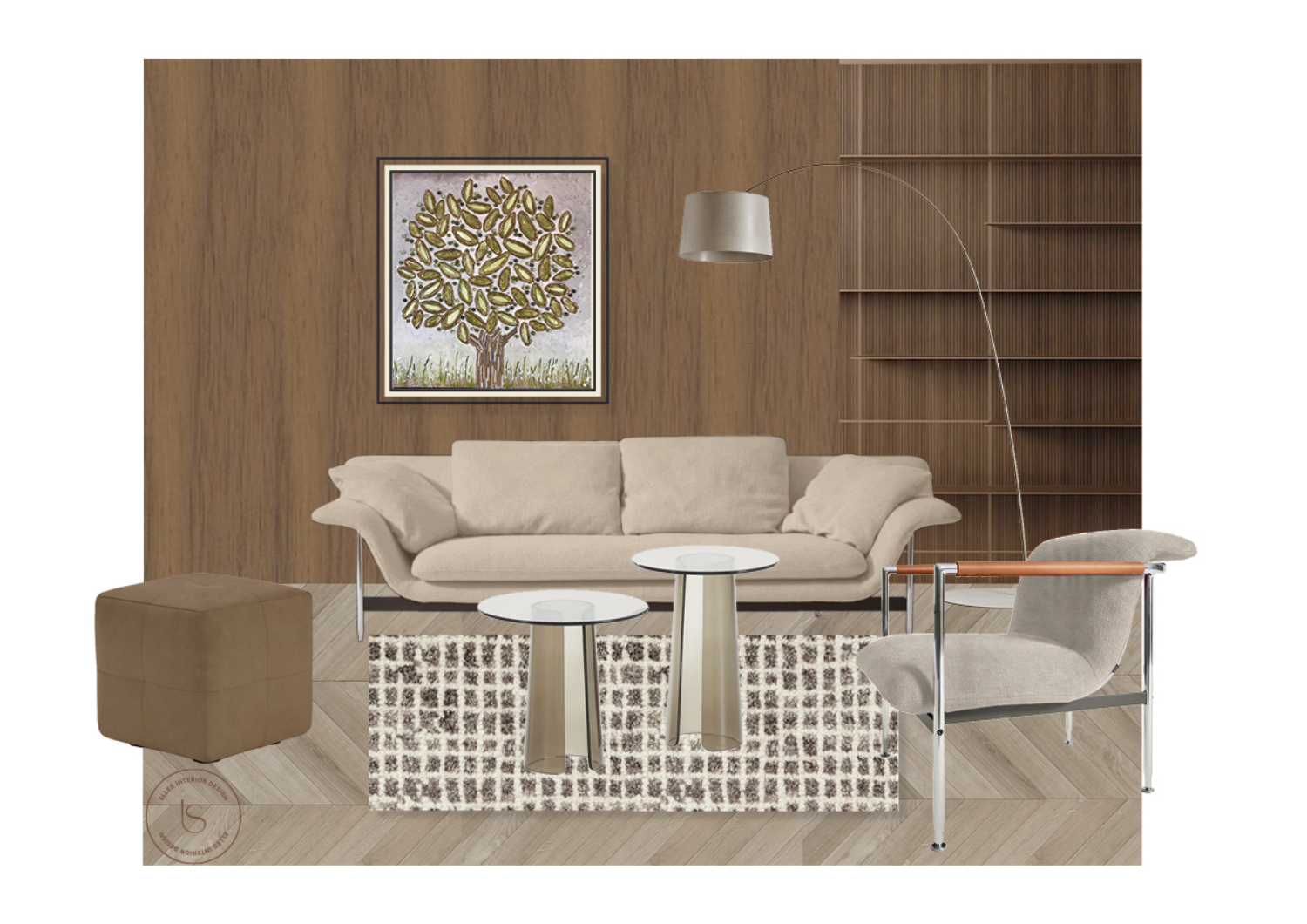 Composizione artistica mood soggiorno con boiserie libreria, progetto realizzato dallo studio Elles Interior Design.