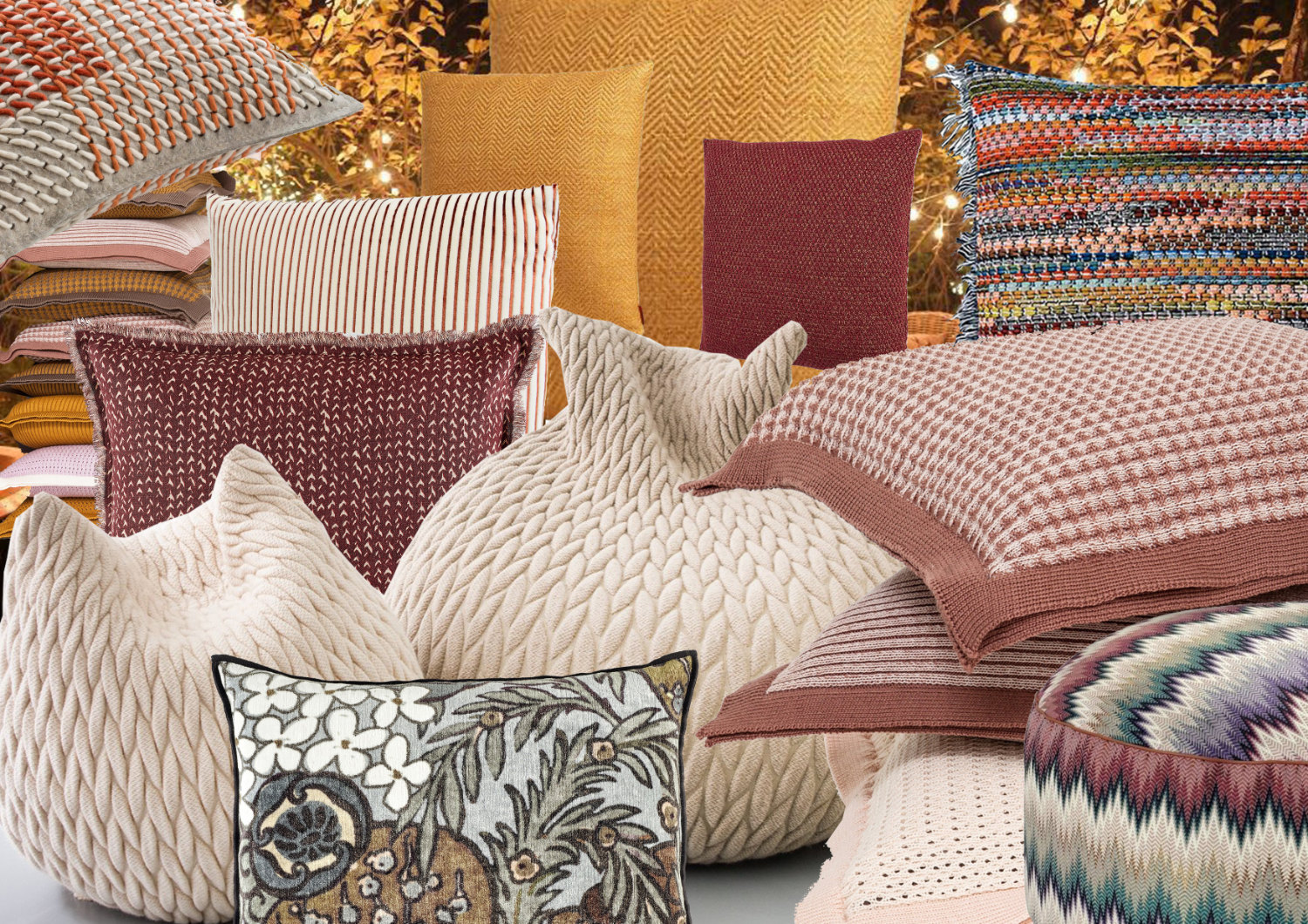 Selezione palette e tessuti per una composizione di cuscini, a cura dello studio Elles Interior Design.