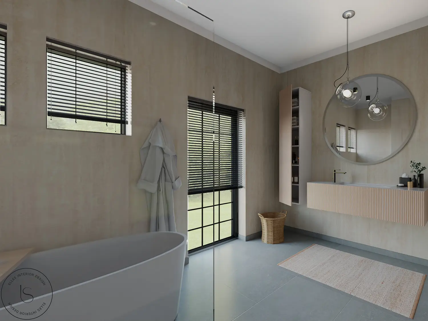 Render bagno con doccia e vasca da bagno per momenti di relax e benessere. Progetto realizzato dallo studio Elles Interior Design
