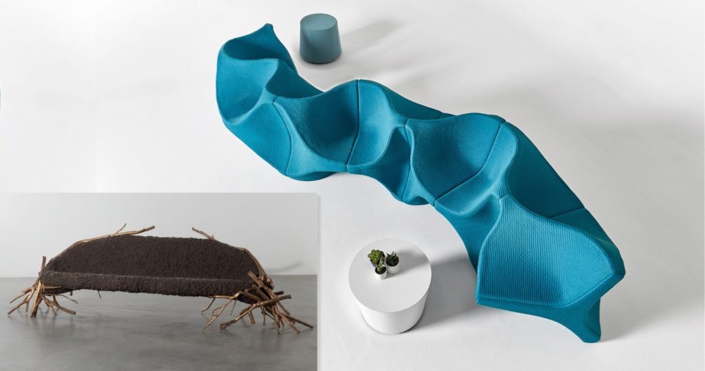 Il divano “Heartbeat” di Karim Rashid per Nienkämper con la sua forma biomorfa imita il flusso e riflusso del sangue che si muove liberamente nel corpo e il Branches Sofa dei Fratelli Campana.