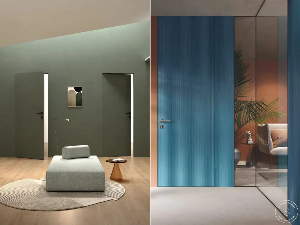 Due porte moderne a filo muro, porta verde tono su tono effetto minimal e porta blu in contrasto cromatico per catturare l’attenzione e dare carattere allo spazio
