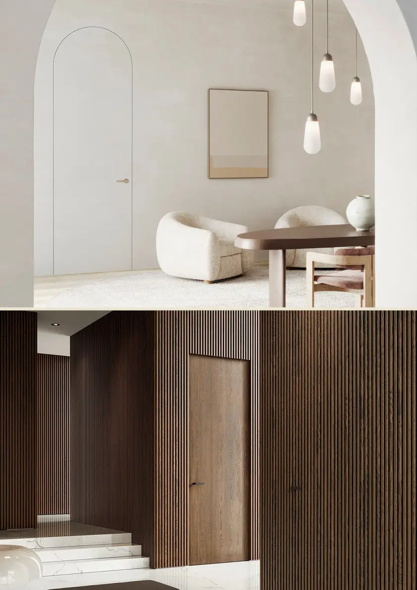 Porte interne senza telaio integrate a filo muro, prive di cornici e stipiti, ideali per un design essenziale